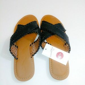 Universal Thread Laser Cut Crossband Slide Sandal, Black, Women's Size 6.5